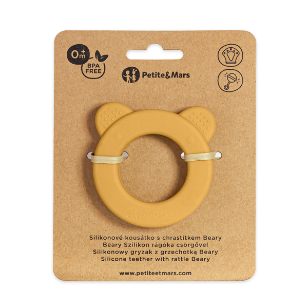 PETITE&MARS Beary Szilikon rágóka csörgővel Intense Ochre 0m+ -713819