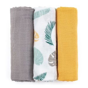 PETITE&MARS Bambusz muszlin 3db-os pelenka szett Moussy Ochre Leaves, 68 x 68 cm (415360)