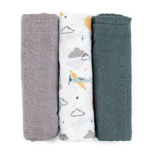 PETITE&MARS Bambusz muszlin 3db-os pelenka szett Moussy Grey Planes, 68 x 68 cm (415361)